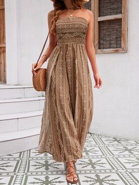 Boho Strapless Smocked Jumpsuit Brown Paisley New Boutique